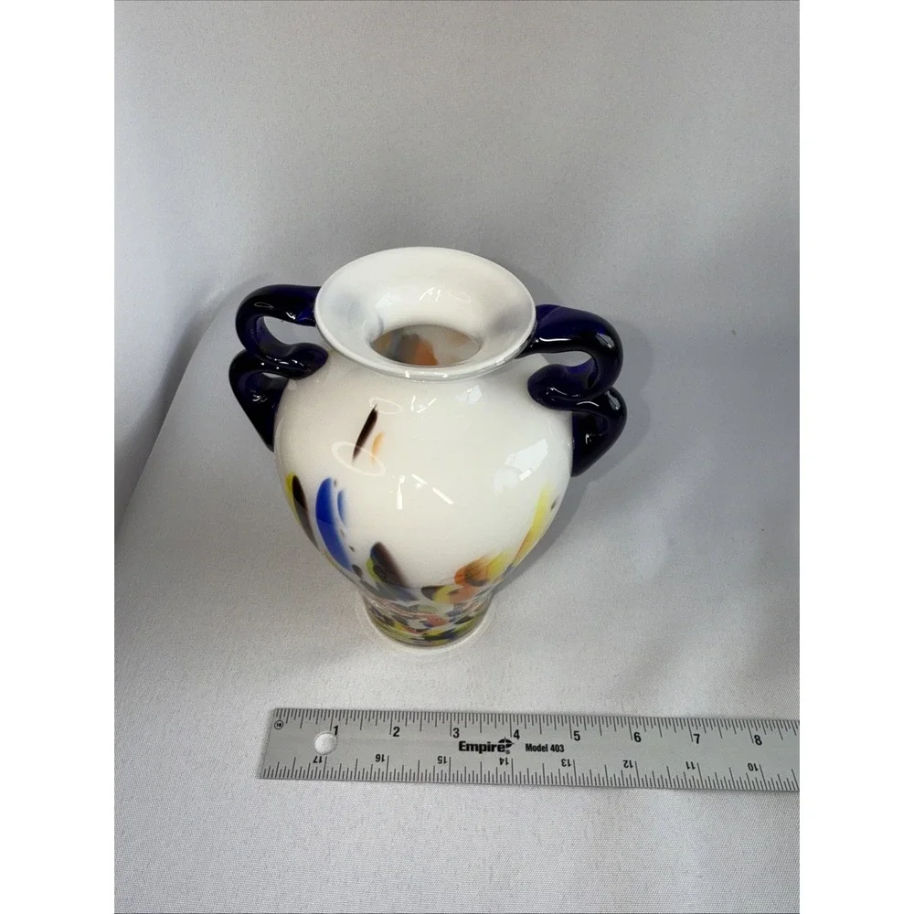 Colorful Glass Vase Speckled Splatter Paint on White Double Cobalt‎ Handle 7